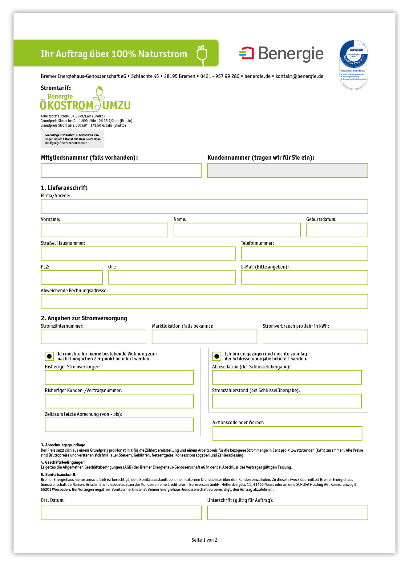 Auftragsformular Benergie Ökostrom umzu