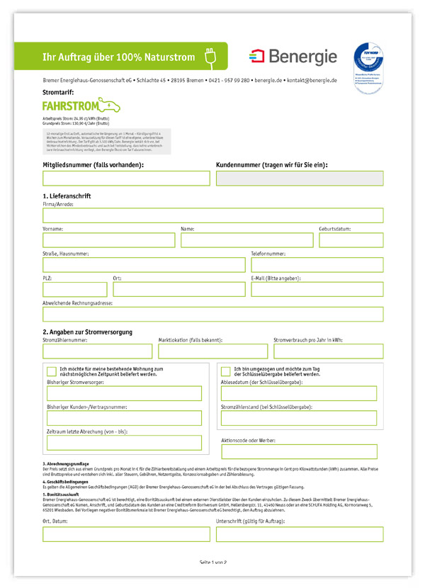 Auftragsformular Benergie Fahrstrom
