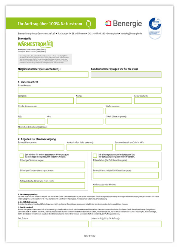 Auftragsformular Benergie Wärmestrom