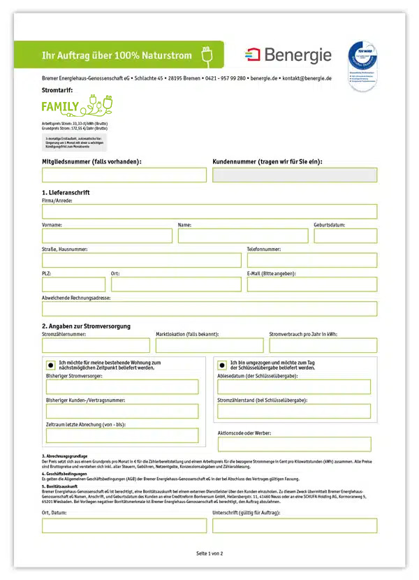 Auftragsformular Benergie Family