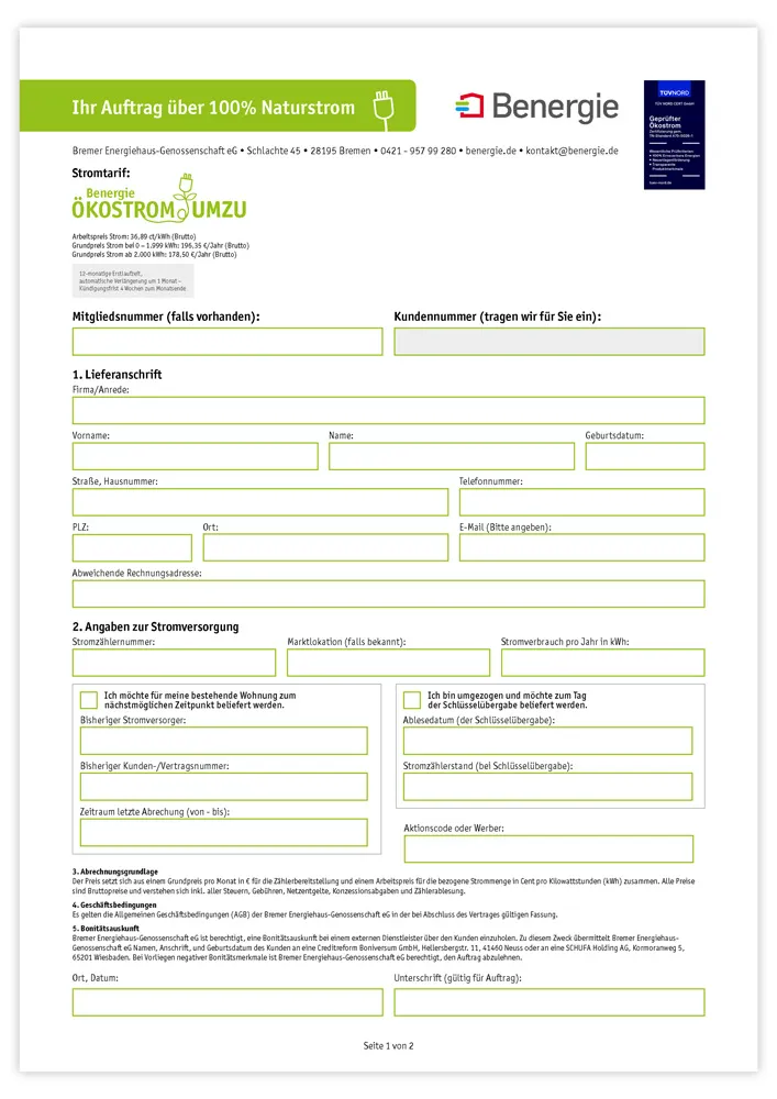 Auftragsformular Benergie Ökostrom umzu